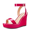 Aachcol Women Platform Wedge Sandals Round Peep Open Toe Ankle Strap Slingback Two-Piece Chunky Block High Heel Dress Shoes Pumps Party Patent 4 Inch