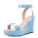 Aachcol Women Platform Wedge Sandals Round Peep Open Toe Ankle Strap Slingback Two-Piece Chunky Block High Heel Dress Shoes Pumps Party Patent 4 Inch