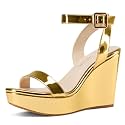 Aachcol Women Platform Wedge Sandals Round Peep Open Toe Ankle Strap Slingback Two-Piece Chunky Block High Heel Dress Shoes Pumps Party Patent 4 Inch