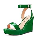 Aachcol Women Platform Wedge Sandals Round Peep Open Toe Ankle Strap Slingback Two-Piece Chunky Block High Heel Dress Shoes Pumps Party Patent 4 Inch
