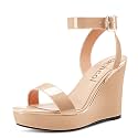 Aachcol Women Platform Wedge Sandals Round Peep Open Toe Ankle Strap Slingback Two-Piece Chunky Block High Heel Dress Shoes Pumps Party Patent 4 Inch