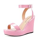 Aachcol Women Platform Wedge Sandals Round Peep Open Toe Ankle Strap Slingback Two-Piece Chunky Block High Heel Dress Shoes Pumps Party Patent 4 Inch