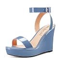 Aachcol Women Platform Wedge Sandals Round Peep Open Toe Ankle Strap Slingback Two-Piece Chunky Block High Heel Dress Shoes Pumps Party Patent 4 Inch