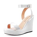 Aachcol Women Platform Wedge Sandals Round Peep Open Toe Ankle Strap Slingback Two-Piece Chunky Block High Heel Dress Shoes Pumps Party Patent 4 Inch