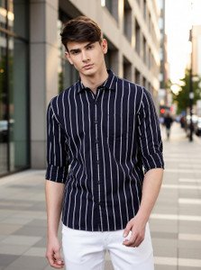 aadi Men Striped Casual Black Shirt