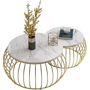 elegant round nesting coffee tables with marble finish tables for living room bedroom office space-saving design with sturdy metal frame set of 2 gold-white