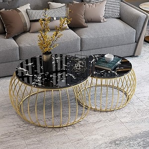 elegant round nesting coffee tables with marble finish tables for living room bedroom office space-saving design with sturdy metal frame set of 2 gold-black
