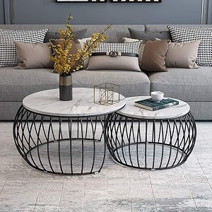 elegant round nesting coffee tables with marble finish tables for living room bedroom office space-saving design with sturdy metal frame set of 2 black-white
