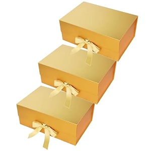aakriti gift box  folding gift boxes with ribbon  set of 3 23x16x10 cm  diwali rakhi birthday hamper packaging gift favors reusable storage box  gold