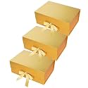Aakriti Gift Box | Folding Gift Boxes with Ribbon | Set of 3 (23x16x10 cm) | Diwali Rakhi Birthday Hamper Packaging Gift Favors Reusable Storage Box | Gold