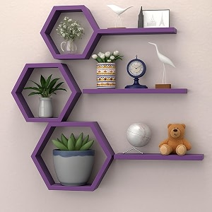 wooden honeycomb floating wall shelves - wall mounted 6 pieces decorative wall shelf  display shelves for books plants  wall decor shelves for living room bedroom offices purple