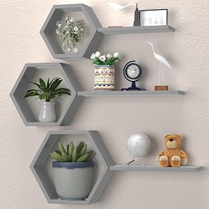 wooden honeycomb floating wall shelves - wall mounted 6 pieces decorative wall shelf  display shelves for books plants  wall decor shelves for living room bedroom offices grey