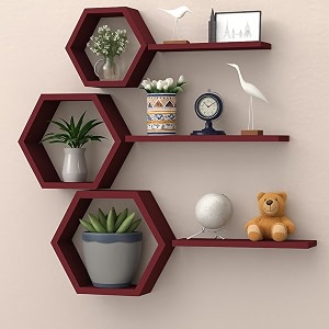 wooden honeycomb floating wall shelves - wall mounted 6 pieces decorative wall shelf  display shelves for books plants  wall decor shelves for living room bedroom offices maroon