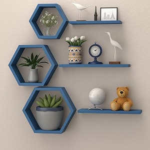 wooden honeycomb floating wall shelves - wall mounted 6 pieces decorative wall shelf  display shelves for books plants  wall decor shelves for living room bedroom offices skyblue