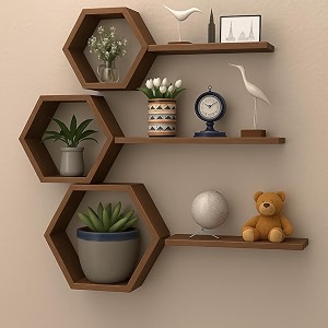 wooden honeycomb floating wall shelves - wall mounted 6 pieces decorative wall shelf  display shelves for books plants  wall decor shelves for living room bedroom offices brown