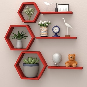 wooden honeycomb floating wall shelves - wall mounted 6 pieces decorative wall shelf  display shelves for books plants  wall decor shelves for living room bedroom offices red