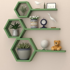 wooden honeycomb floating wall shelves - wall mounted 6 pieces decorative wall shelf  display shelves for books plants  wall decor shelves for living room bedroom offices green