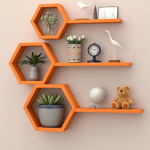 wooden honeycomb floating wall shelves - wall mounted 6 pieces decorative wall shelf  display shelves for books plants  wall decor shelves for living room bedroom offices orange