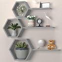 Wooden Honeycomb Floating Wall Shelves - Wall Mounted 6 Pieces Decorative Wall Shelf | Display Shelves for Books, Plants | Wall Decor Shelves for Living Room, Bedroom, Offices (Grey)