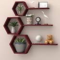 Wooden Honeycomb Floating Wall Shelves - Wall Mounted 6 Pieces Decorative Wall Shelf | Display Shelves for Books, Plants | Wall Decor Shelves for Living Room, Bedroom, Offices (Maroon)