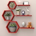 Wooden Honeycomb Floating Wall Shelves - Wall Mounted 6 Pieces Decorative Wall Shelf | Display Shelves for Books, Plants | Wall Decor Shelves for Living Room, Bedroom, Offices (Red)