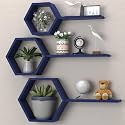 Wooden Honeycomb Floating Wall Shelves - Wall Mounted 6 Pieces Decorative Wall Shelf | Display Shelves for Books, Plants | Wall Decor Shelves for Living Room, Bedroom, Offices (Blue)