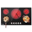 AAOBOSI 36 Inch Electric Cooktop 5 Burners, Upgraded 9000W Knob Control Built-in Ceramic Cooktop,Electric Stove Top,9 Heating Level, Chlid Lock Timer, ETC&FCC 220V~240V for Hard Wire(No Plug)