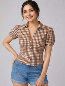 AAPASA Casual Checkered Women Brown Top