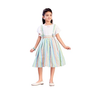 Aarika Girls Green Colour Check Cotton Frock