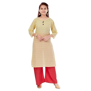 aarika girls casual wear yellow colour embroidery cotton kurti