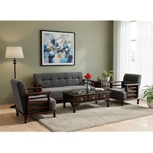 aasaliya art solid sheesham wood sofa set  5-6 person sofa  311 configuration  natural finish amp grey cushion