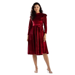 aask women solid plainround neck full sleeves dress