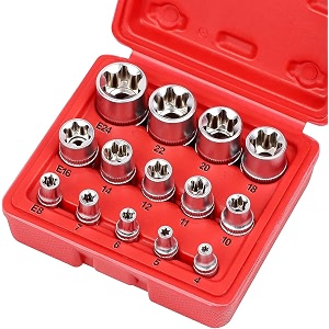 aasons chrome vanadium steel 14-piece e-torx premium socket set - e4 to e24 ultimate star and torque set