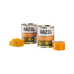 aazol devgad alphonso aam ras pure unsweetened mango pulp - 17l tin 850ml - pack of 2  no preservatives  no added sugar  gi tagged alphonso mangoes  export quality