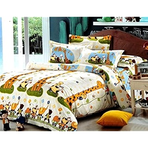 235tc kids glace cotton cartoon giraffe printed bedsheet for double bed king size with 2 pillow covers multicolour 90x100inch