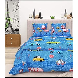 235tc kids glace cotton cartoon cars printed bedsheet for double bed king size with 2 pillow covers multicolour 90x100inch