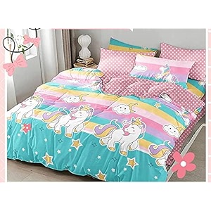 ab home decor 235tc kids glace cotton cartoon unicorn printed bedsheet for double bed king size with 2 pillow covers multicolour 90x100inch