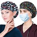 ABAMERICA 2 Pack Bouffant Caps with Button and Sweatband, Adjustable Scrub Caps for Women Men, One Size Multi Color