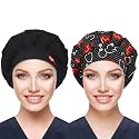 ABAMERICA 2 Pack Bouffant Caps with Button and Sweatband, Adjustable Scrub Caps for Women Men, One Size Multi Color