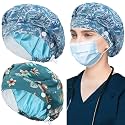 ABAMERICA 2 Pack Bouffant Caps with Button and Sweatband, Adjustable Scrub Caps for Women Men, One Size Multi Color