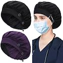 ABAMERICA 2 Pack Bouffant Caps with Button and Sweatband, Adjustable Scrub Caps for Women Men, One Size Multi Color