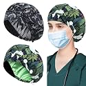 ABAMERICA 2 Pack Bouffant Caps with Button and Sweatband, Adjustable Scrub Caps for Women Men, One Size Multi Color