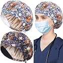 ABAMERICA 2 Pack Bouffant Caps with Button and Sweatband, Adjustable Scrub Caps for Women Men, One Size Multi Color