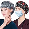 ABAMERICA 2 Pack Bouffant Caps with Button and Sweatband, Adjustable Scrub Caps for Women Men, One Size Multi Color
