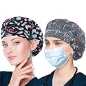 ABAMERICA 2 Pack Bouffant Caps with Button and Sweatband, Adjustable Scrub Caps for Women Men, One Size Multi Color