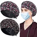 ABAMERICA 2 Pack Bouffant Caps with Button and Sweatband, Adjustable Scrub Caps for Women Men, One Size Multi Color