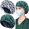 ABAMERICA 2 Pack Bouffant Caps with Button and Sweatband, Adjustable Scrub Caps for Women Men, One Size Multi Color