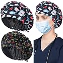 ABAMERICA 2 Pack Bouffant Caps with Button and Sweatband, Adjustable Scrub Caps for Women Men, One Size Multi Color
