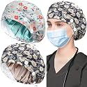 ABAMERICA 2 Pack Bouffant Caps with Button and Sweatband, Adjustable Scrub Caps for Women Men, One Size Multi Color