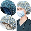 ABAMERICA 2 Pack Bouffant Caps with Button and Sweatband, Adjustable Scrub Caps for Women Men, One Size Multi Color